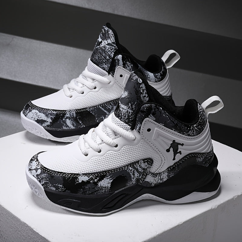 Youth Mid-Top Basketball Sneakers with Splatter Paint Design Durable PU Breathable Fabric Casual Outdoor Training