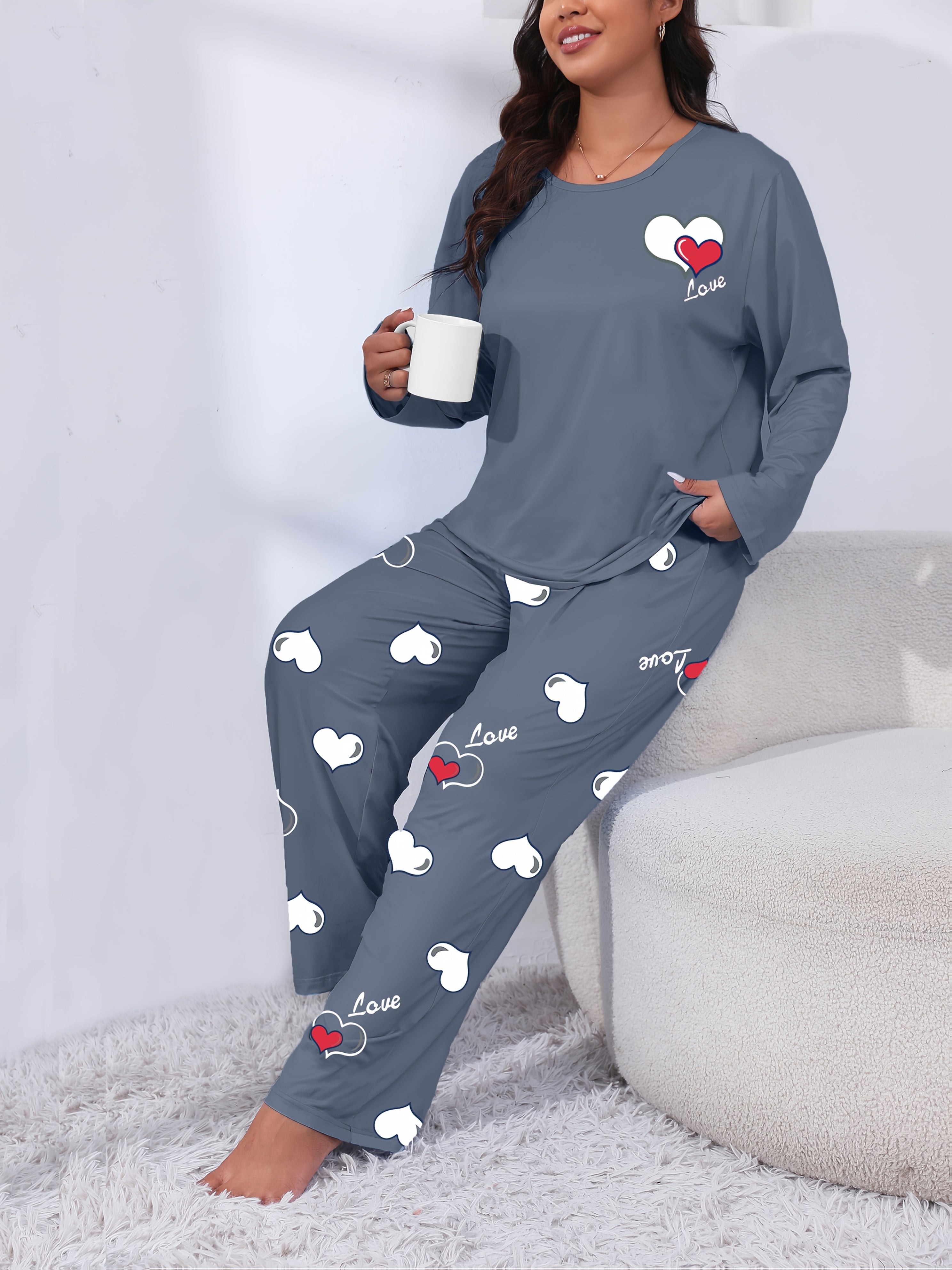 Women's Plus Size Love Heart Print Pajama Set Long Sleeve Sleepwear Soft Polyester Lounge
