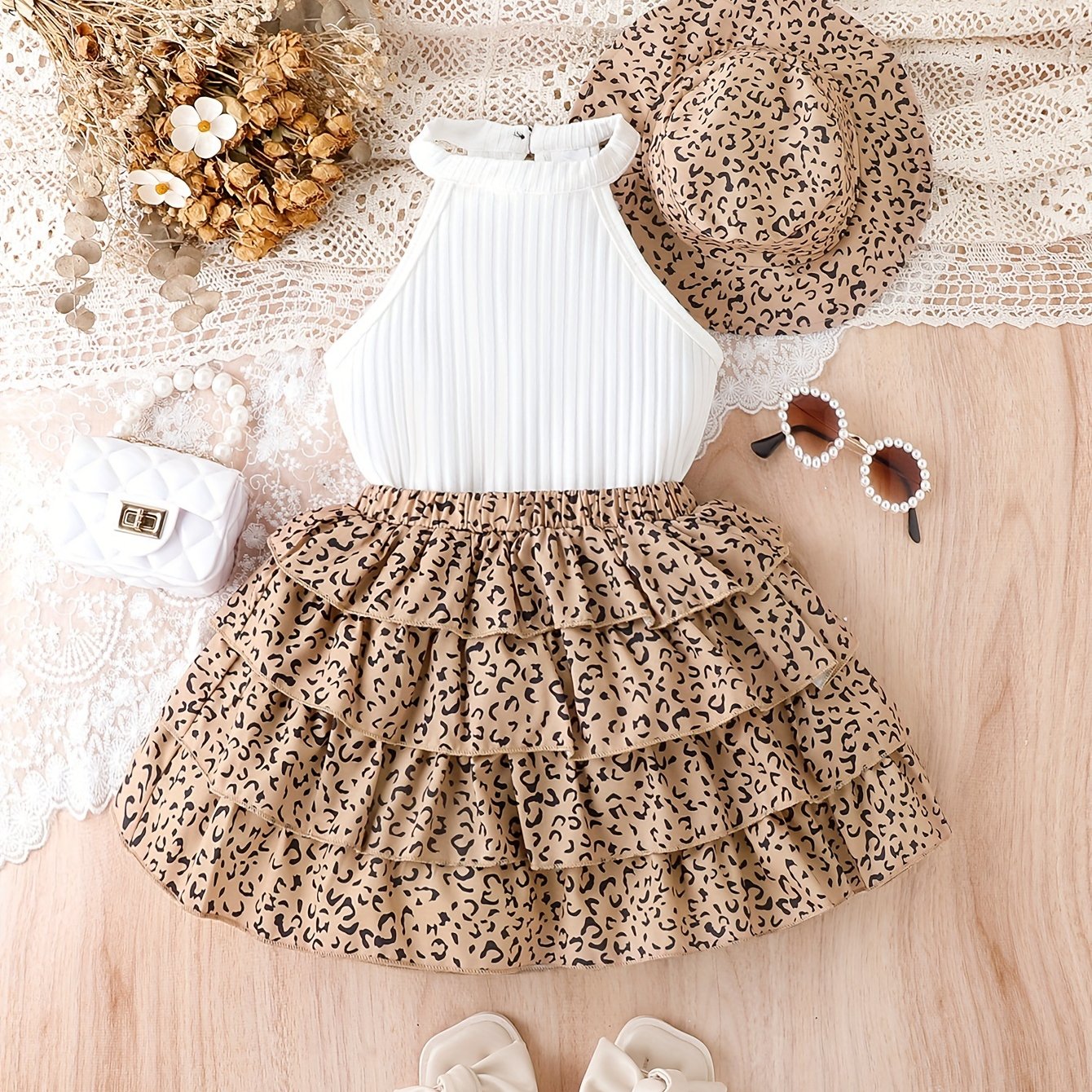 Girls Summer Outfit Set with Leopard Print Bandeau Top Tiered Skirt and Hat for Kids