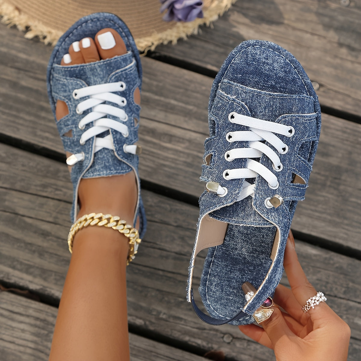 Women's Bohemian Flat Sandals Light Blue Open-Toe Lace-Up Casual Sandals