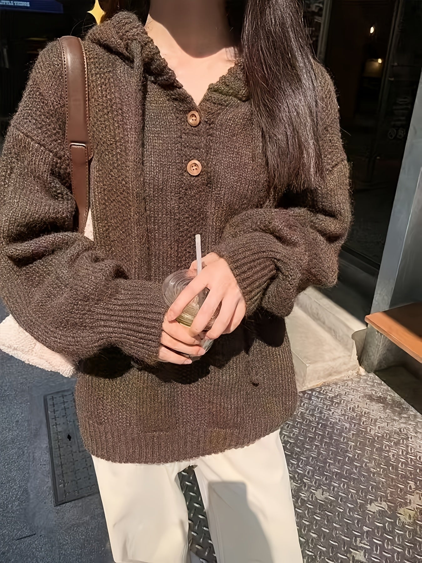 Women's Oversized Hooded Sweater with Drawstring Long Sleeve Knit Polyester Fall Winter