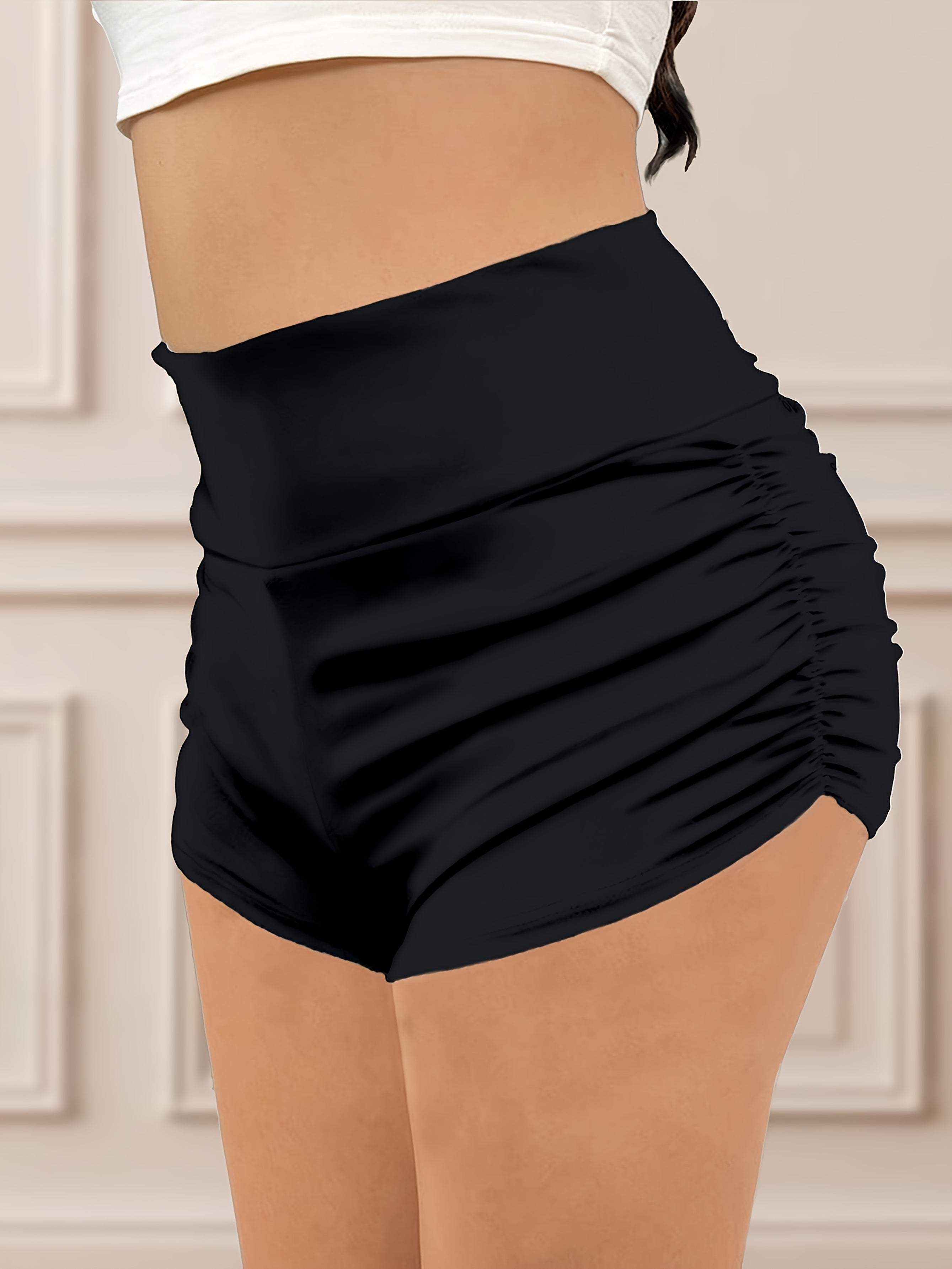 Шорты для йоги больших размеров с высокой талией, эластичный пояс, боковые складки, черные, спортивная одежда