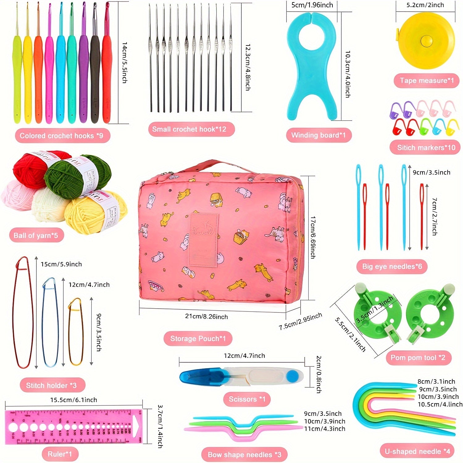 59-Piece Crochet Kit for Beginners with Metal Hooks Yarn Balls Needles and Case