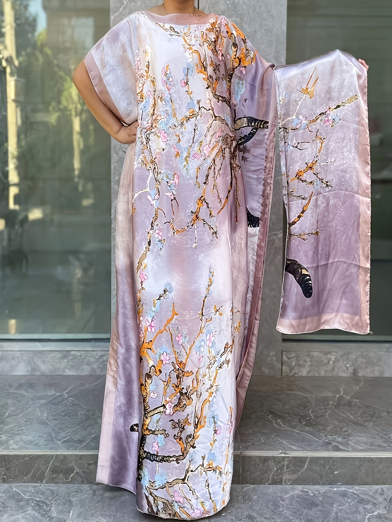 Plus Size Floral Longline Dress Short Sleeve Crew Neck Summer Women's Clothing