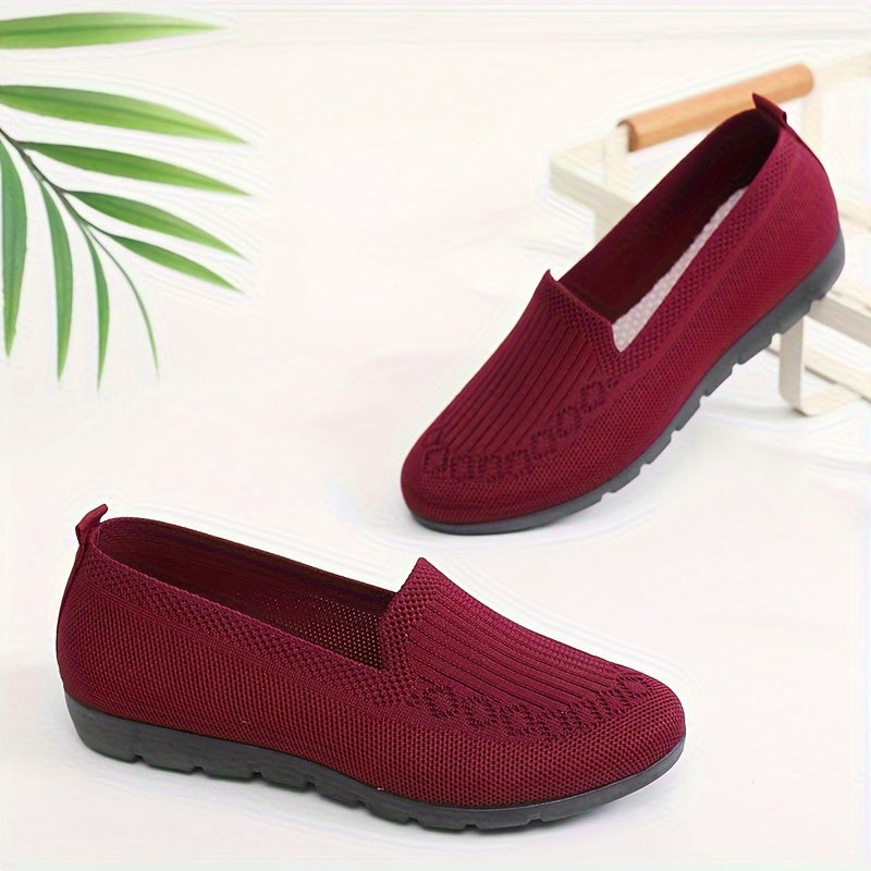 Women's Breathable Slip-On Flats with Solid Knit Upper and Rubber Sole