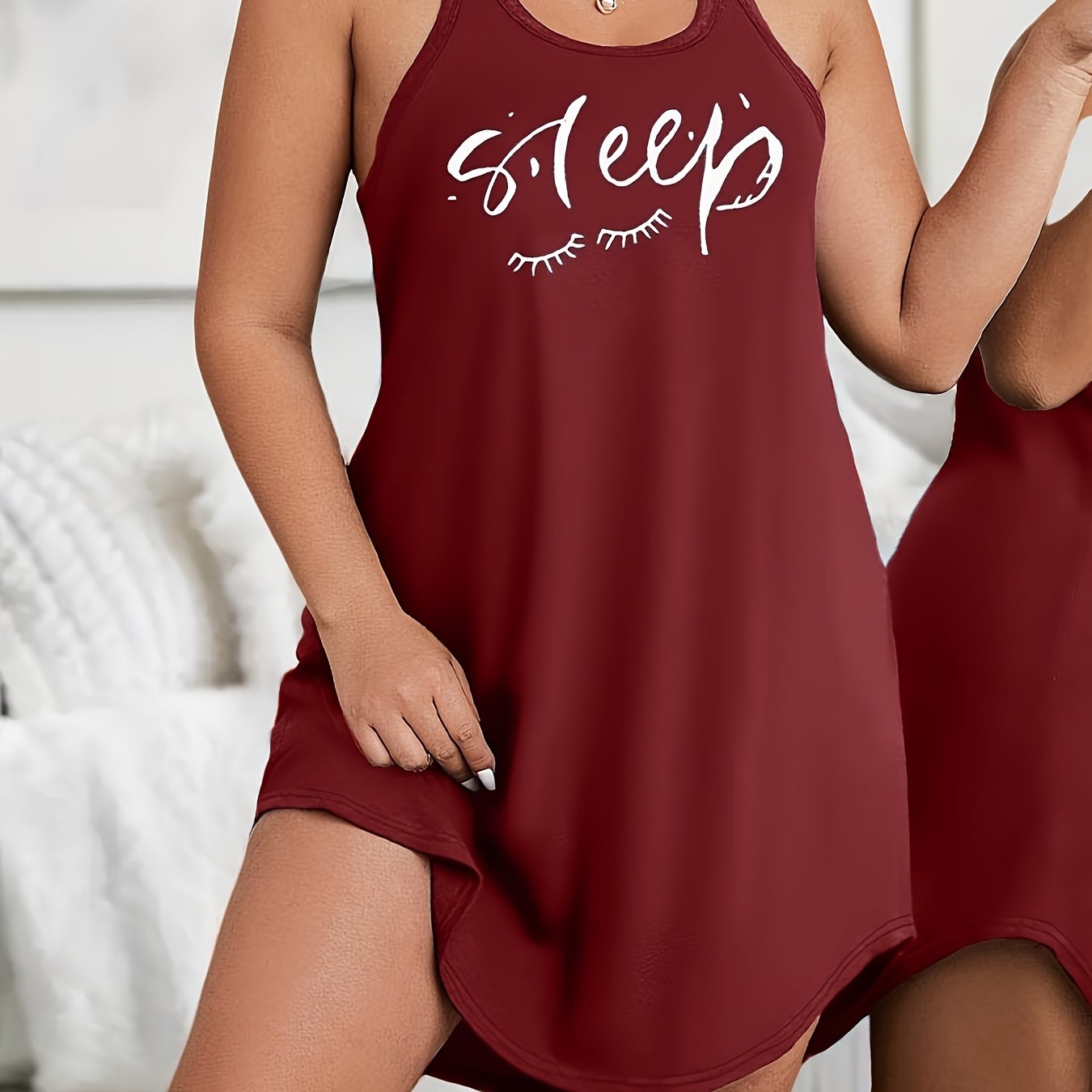 Plus Size Loungewear Dress with Scoop Neck Racer Back Eyelash and Letter Print