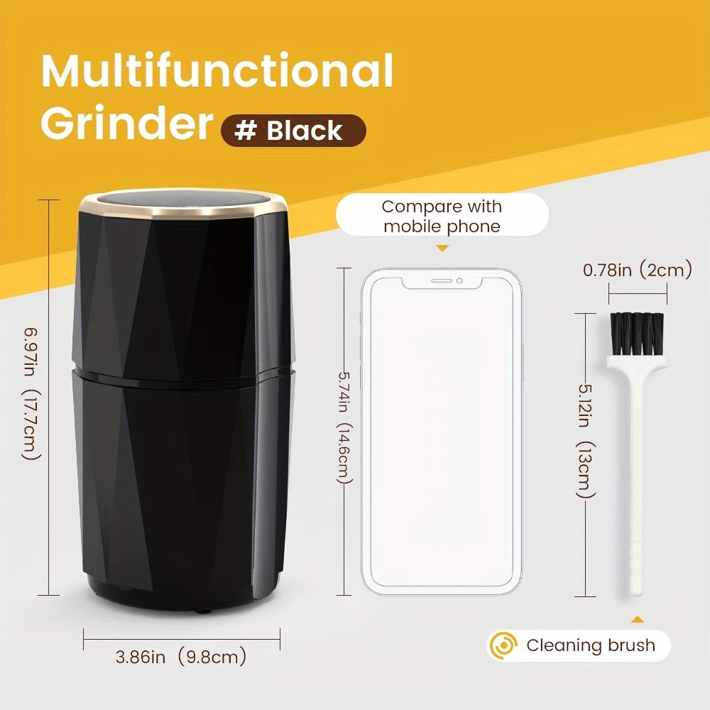 Kofe donalari, ziravorlar, yong‘oqlar va chili qalampirlari uchun ko‘p funksiyali elektr maydalagich, zanglamaydigan po‘latdan yasalgan pichoq bilan. Zamonaviy qora dizaynda oson bir bosish bilan ishlash.