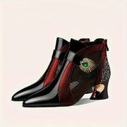 Women's Pointed-Toe Mesh Cutout Ankle Boots with Rhinestones and Zipper Closure