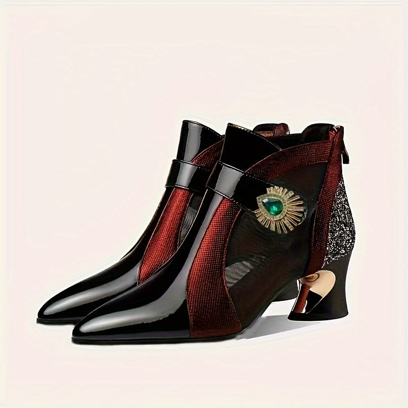 Women's Pointed-Toe Mesh Cutout Ankle Boots with Rhinestones and Zipper Closure