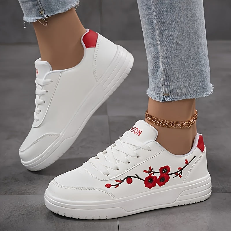 Women's Floral Embroidered Low-Top Sneakers White Pink Casual Breathable Fabric