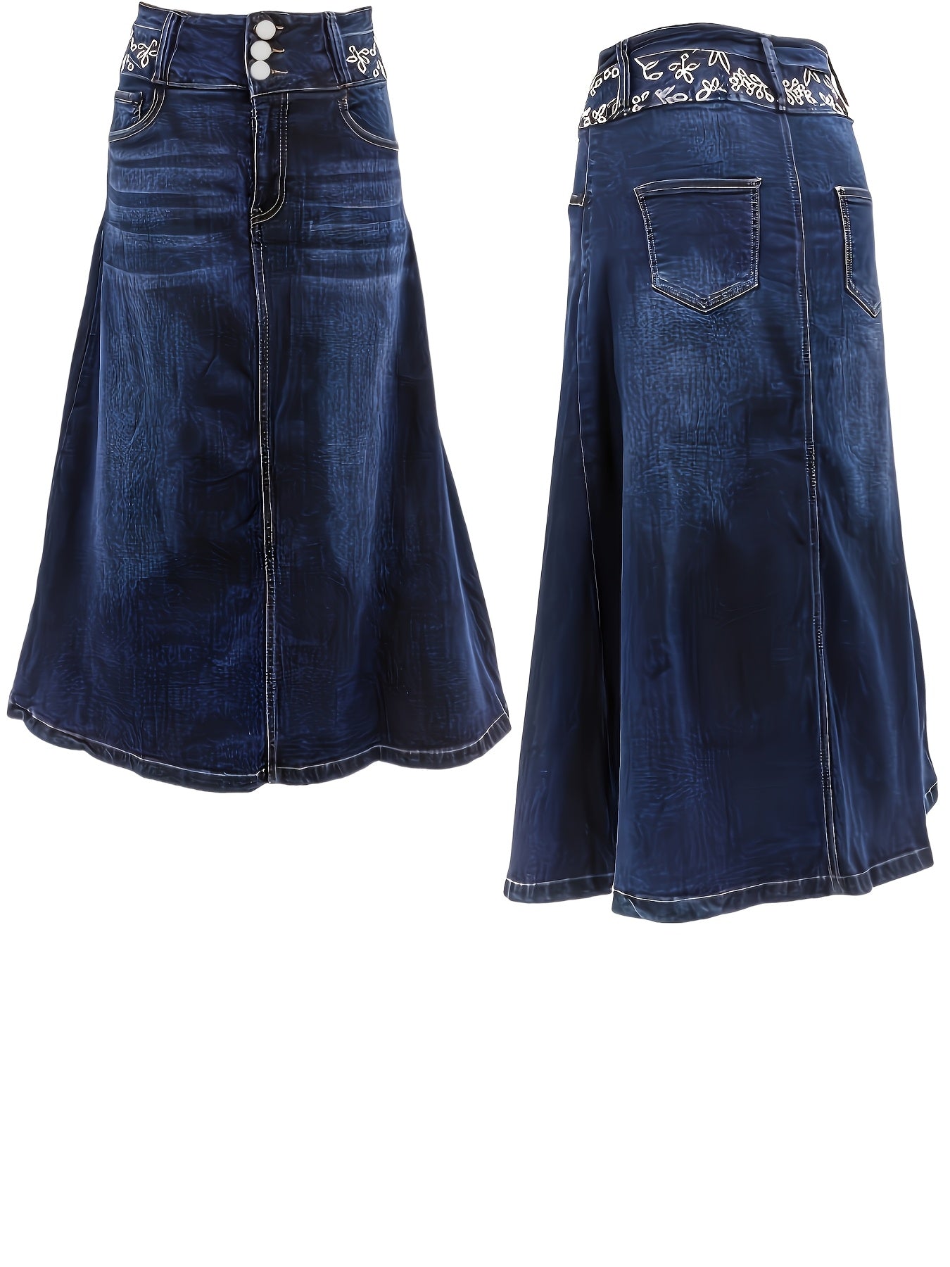 Women's Plus Size Blue Stretch Denim A-Line Midi Skirt With Button Details