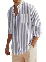 Men's Cotton Vertical Striped Band Collar Shirt Long Sleeve Casual Wear