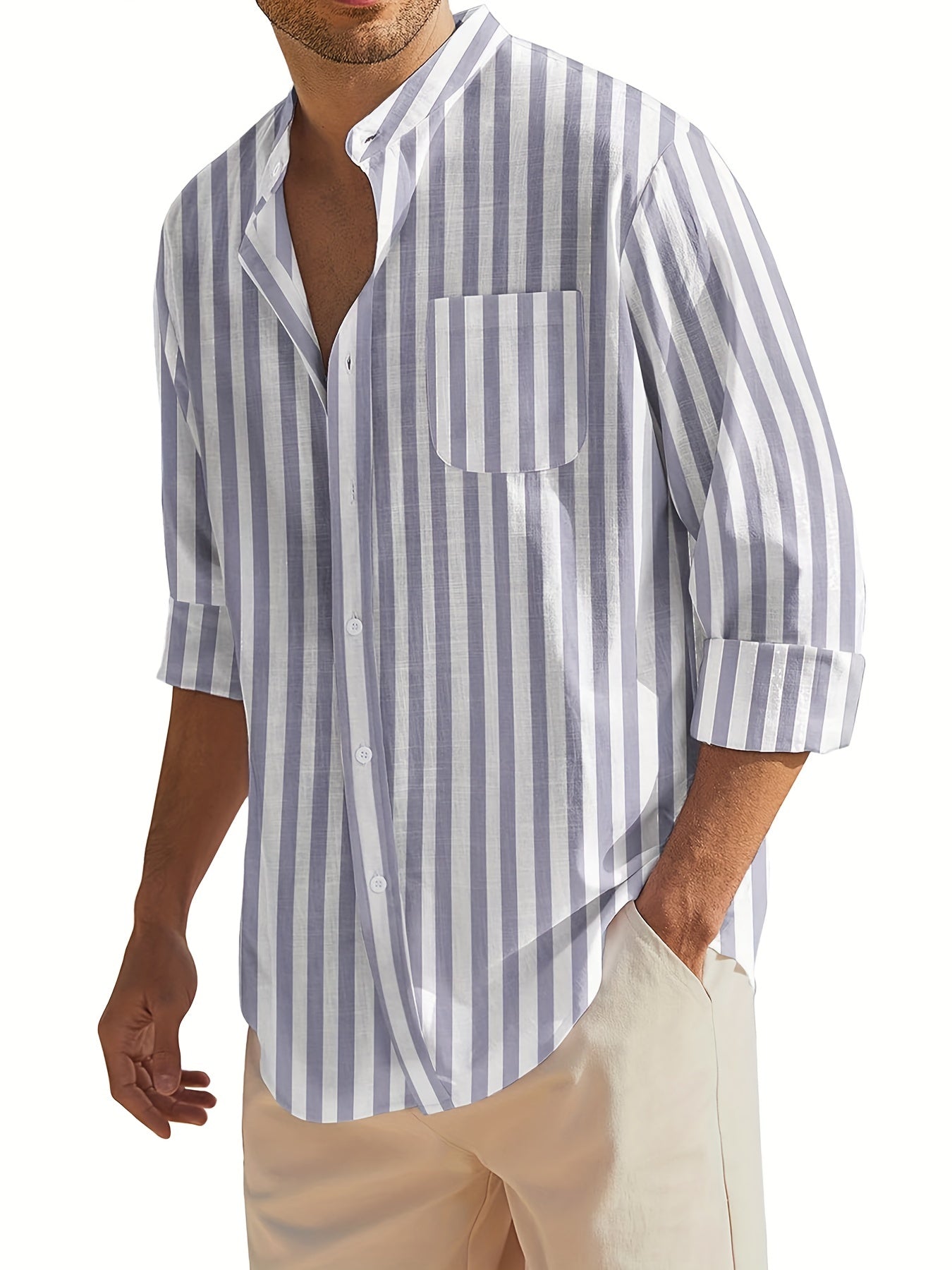 Men's Cotton Vertical Striped Band Collar Shirt Long Sleeve Casual Wear