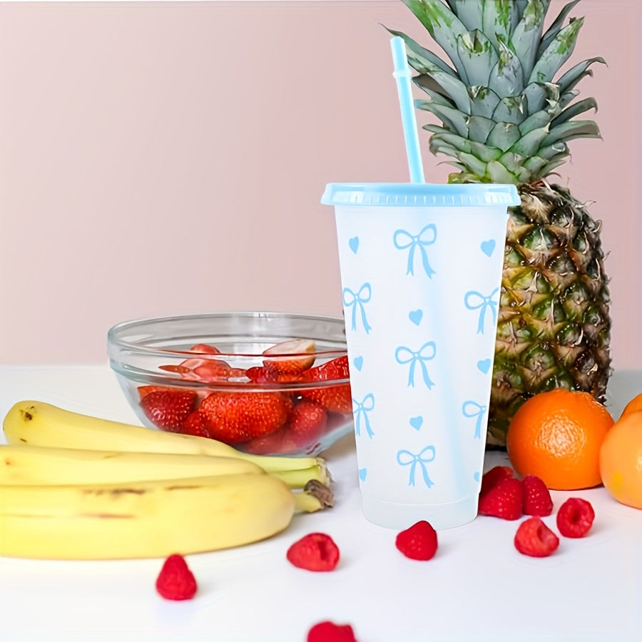 Reusable Plastic Water Cups with Lids and Straws Heart and Bow Print Leak-Proof and Reusable