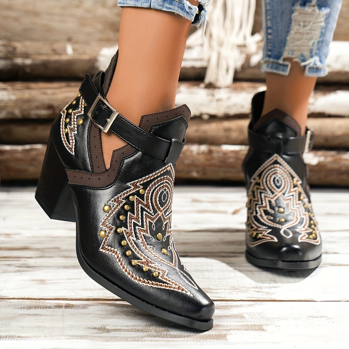 Women's Golden Beads Chunky Heel Ankle Boots with Buckle Strap