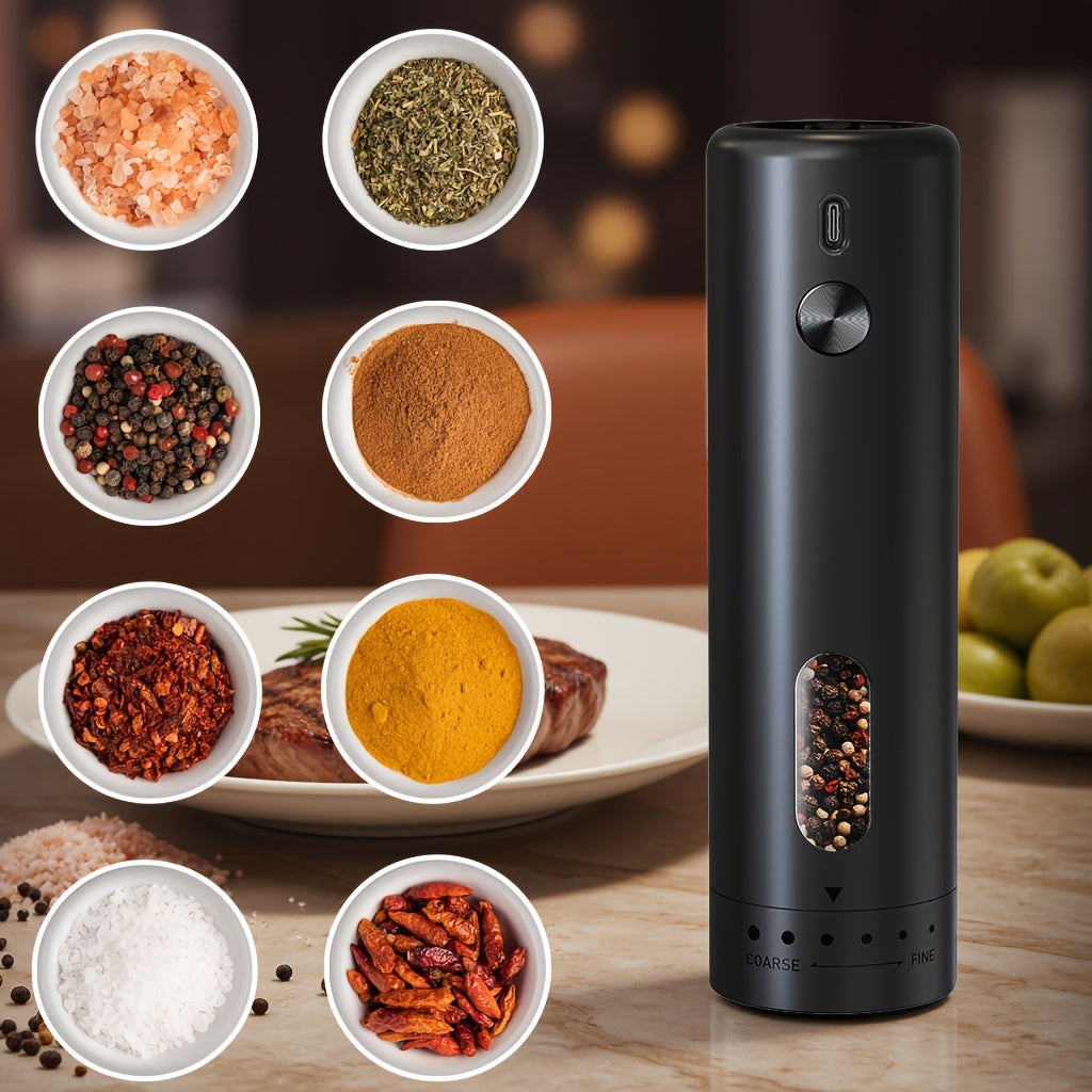 Qayta to'ldiriladigan elektr qalampir maydalagich 110ml sozlanadigan qattiqlik LED chiroq bilan qora