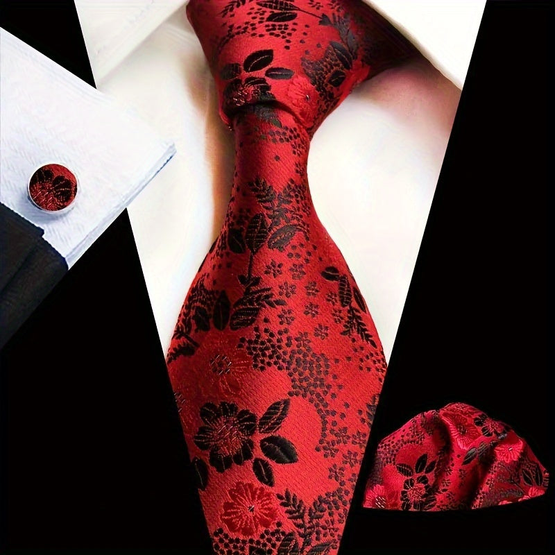 Men's 3-Piece Tie Set Floral Design Polyester Necktie Pocket Square Cufflinks for Weddings Business