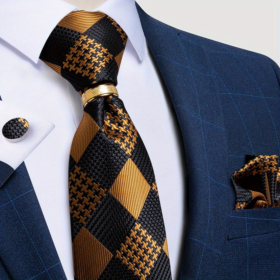 Men's Tie Set with Paisley Plaid and Striped Designs Including Pocket Square Cufflinks Ring