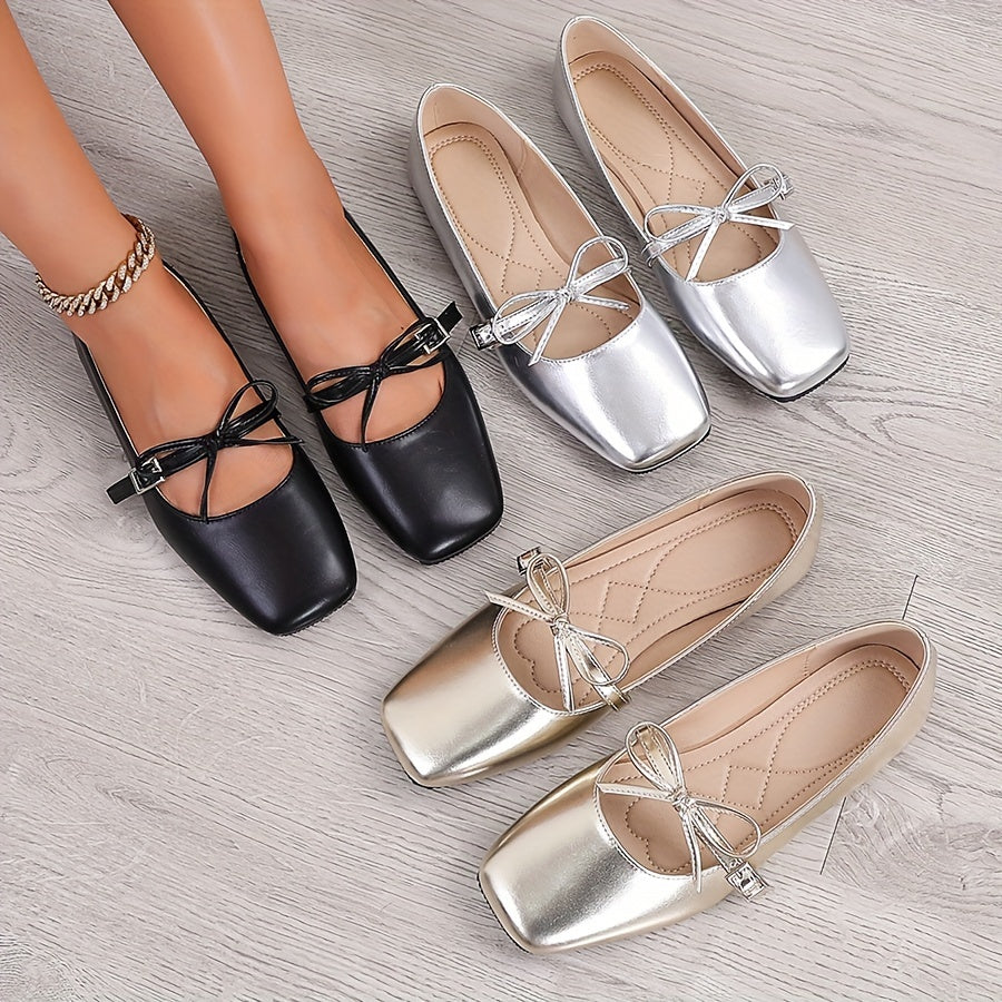 Zapatos planos de mujer con punta cuadrada y lazo, ligeros, negro beige