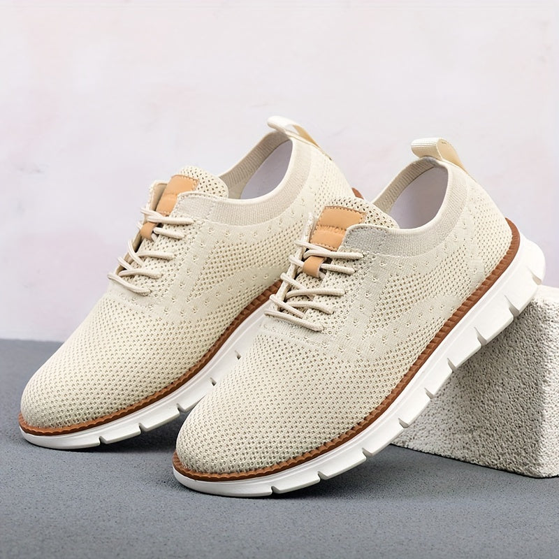 Men's Breathable Knit Business Casual Shoes Beige Brown Leather Upper EVA Sole Round Toe All-Season