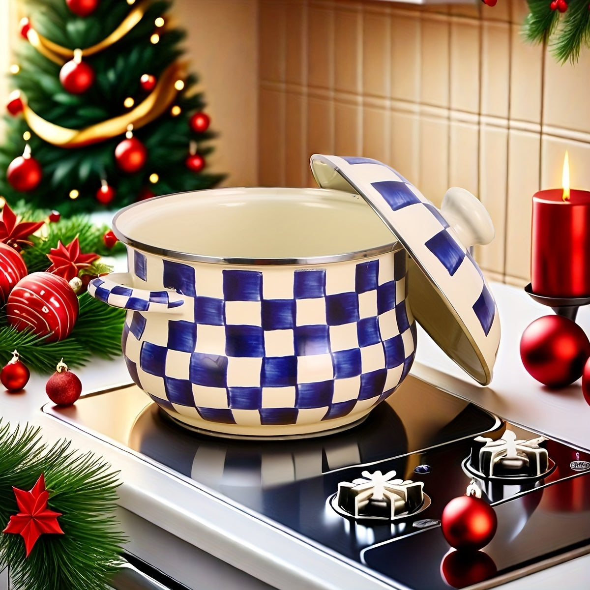 Enamel Saucepan with Lid Blue and White Checker Pattern 8.66-Inch Large Capacity Soup Pot