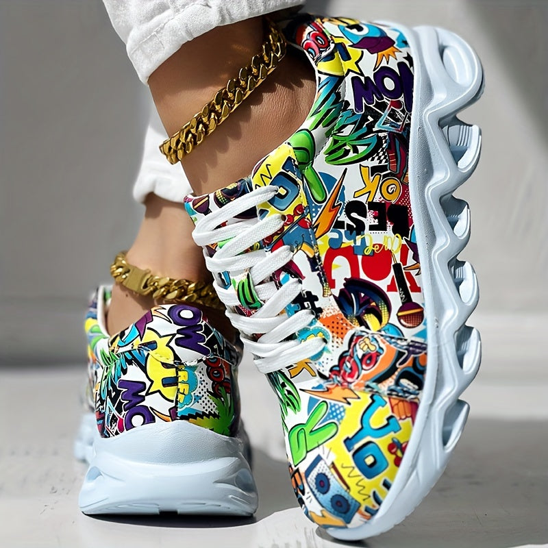 Women's Canvas Sneakers Casual Low Top Outdoor Shoes with Graffiti Pattern
