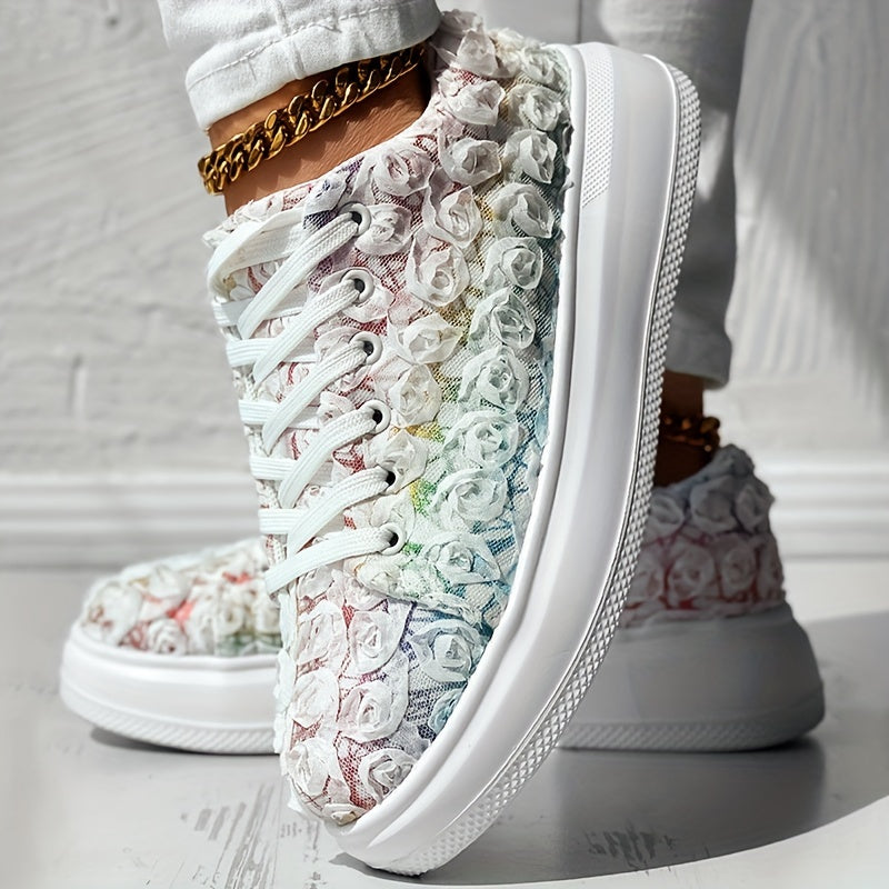 Zapatillas florales 3D para mujer con cordones, plataforma, zapatos casuales para boda