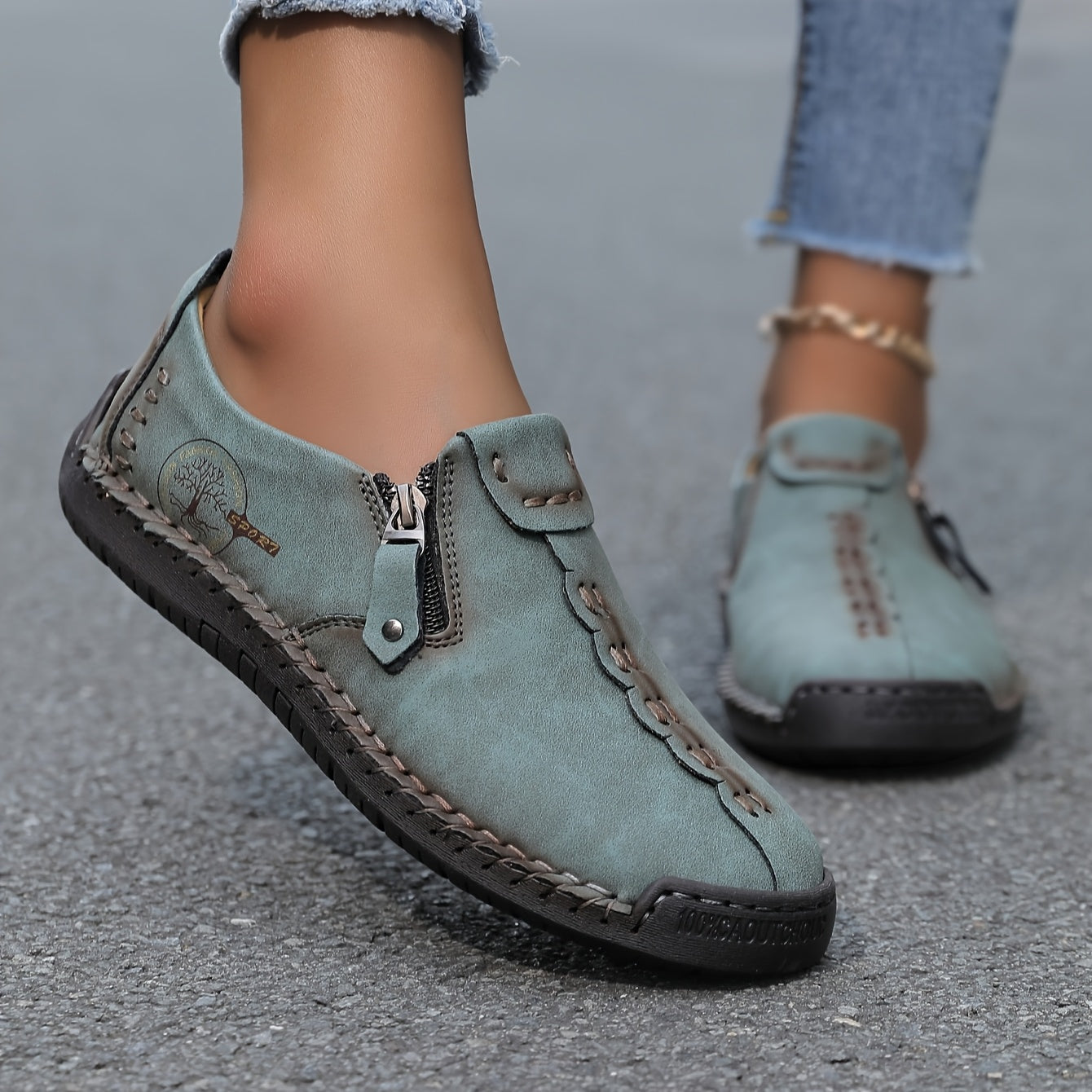 Women's Handmade Casual Loafers Slip-On Sneakers with Zipper Rubber Sole