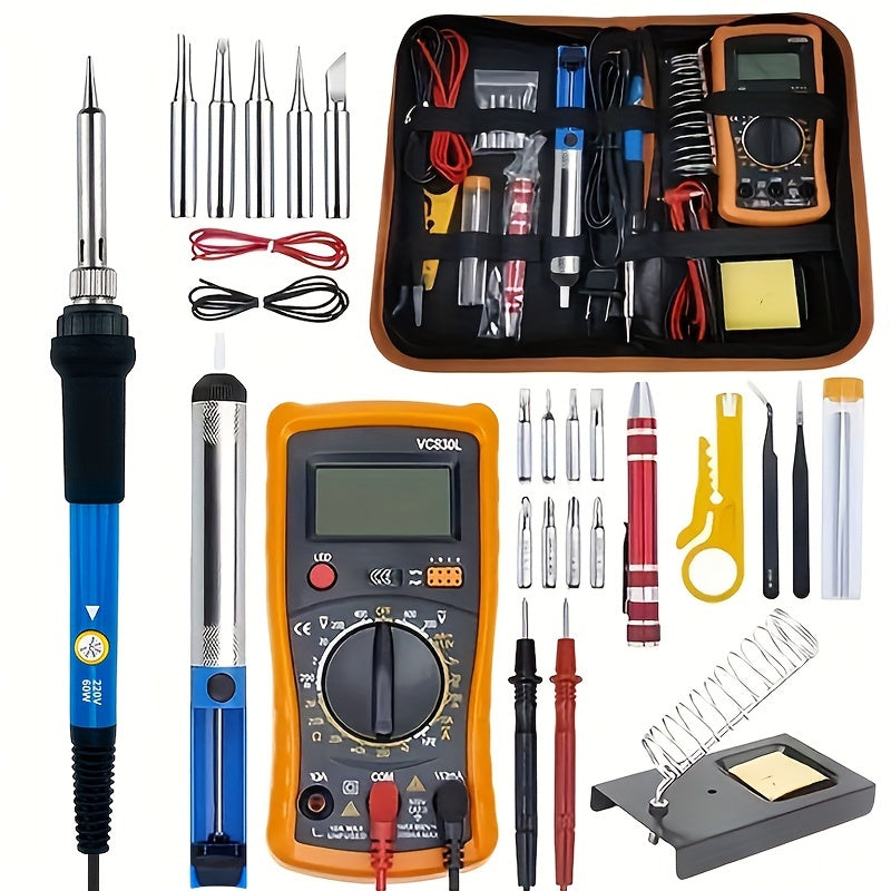 19-Piece Soldering Kit with Adjustable Temperature Iron Digital Multimeter Non-Slip PVC Handle 220-240V