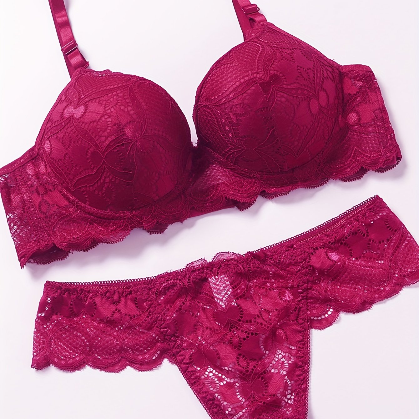 Women's Burgundy Red Lace Bra and Panty Set Spaghetti Strap Cheeky Thong Lingerie