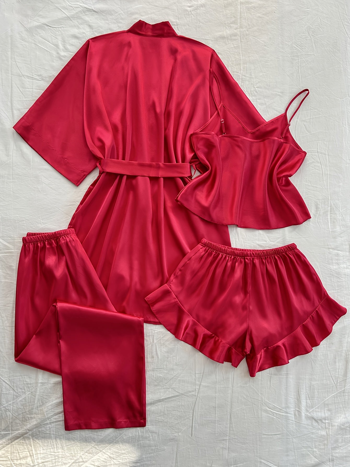 Women's Satin Sleepwear Set V-Neck Robe Top Shorts Long Pants All-Season