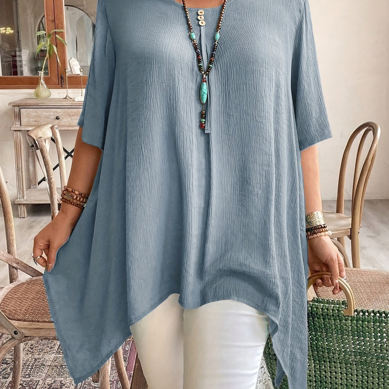 Women's Short Sleeve Shirt Casual Asymmetrical Hem Solid Color Blouse