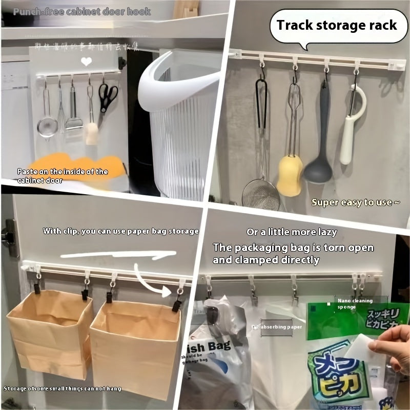 Oshxona asboblari uchun 6 ta ilgichli oq sirg'ash qopqog'i, burgusiz o'rnatish, devorlarga yoki eshiklarga osish uchun ideal. Mustahkam plastikdan tayyorlangan. Oshxona asboblarini tartibga solish uchun ajoyib.