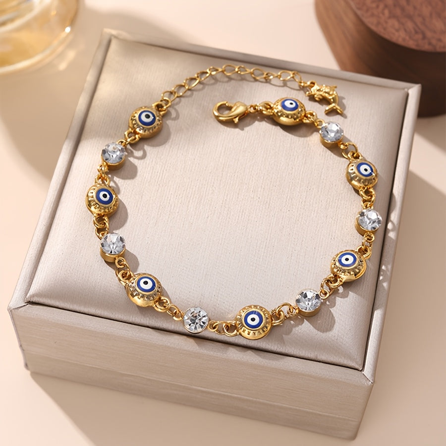 Gold-Plated Copper Alloy Bracelet with Rhinestones and Devil's Eye Accents for Women