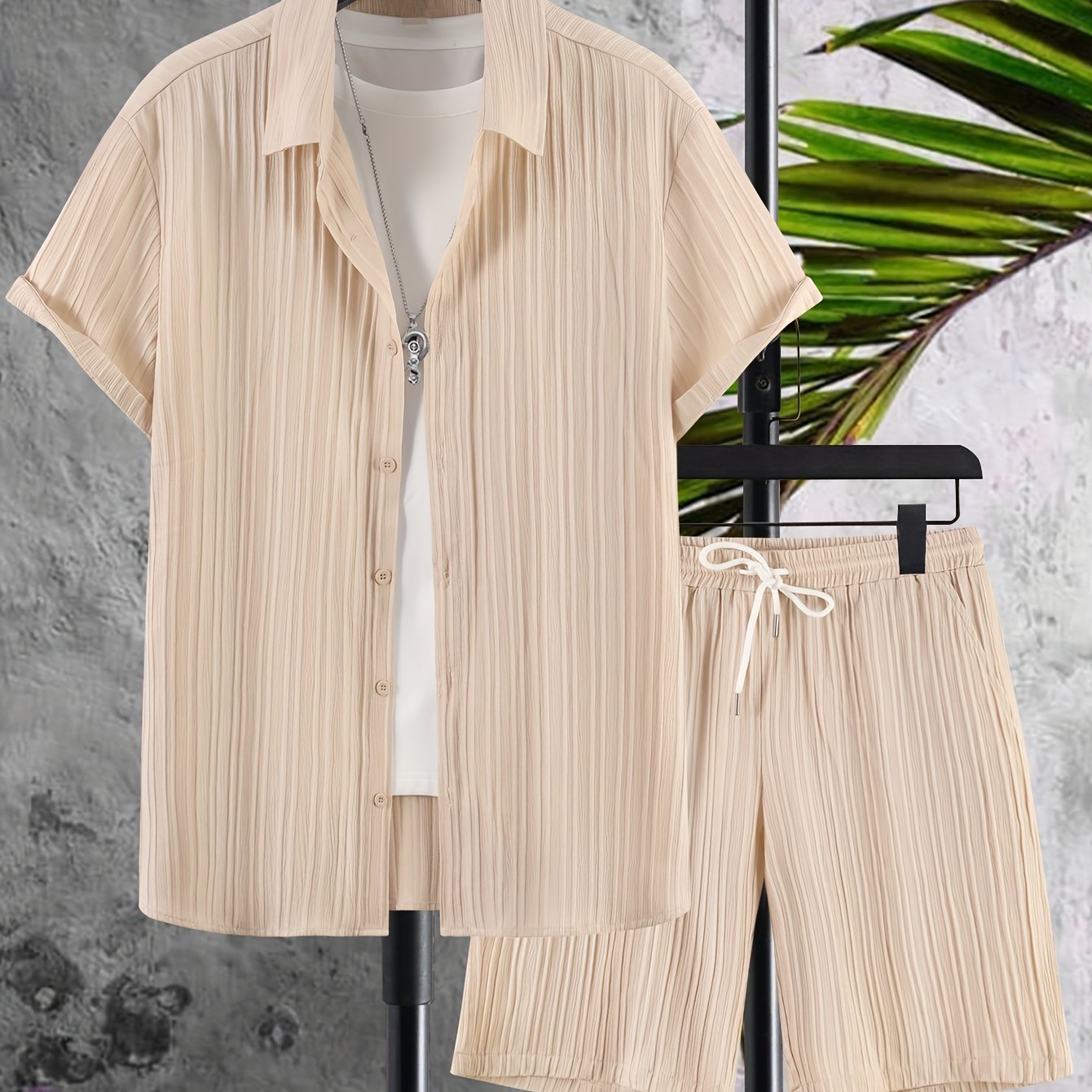 Plus Size Men's Summer Solid Striped Casual Lapel Button-Up Shirt and Drawstring Shorts Set