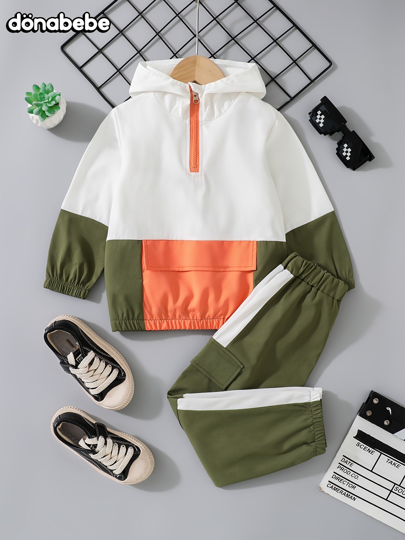 Boys' Color-Block Hoodie and Cargo Pants Set Polyester Casual Spring Fall Outdoor Wear