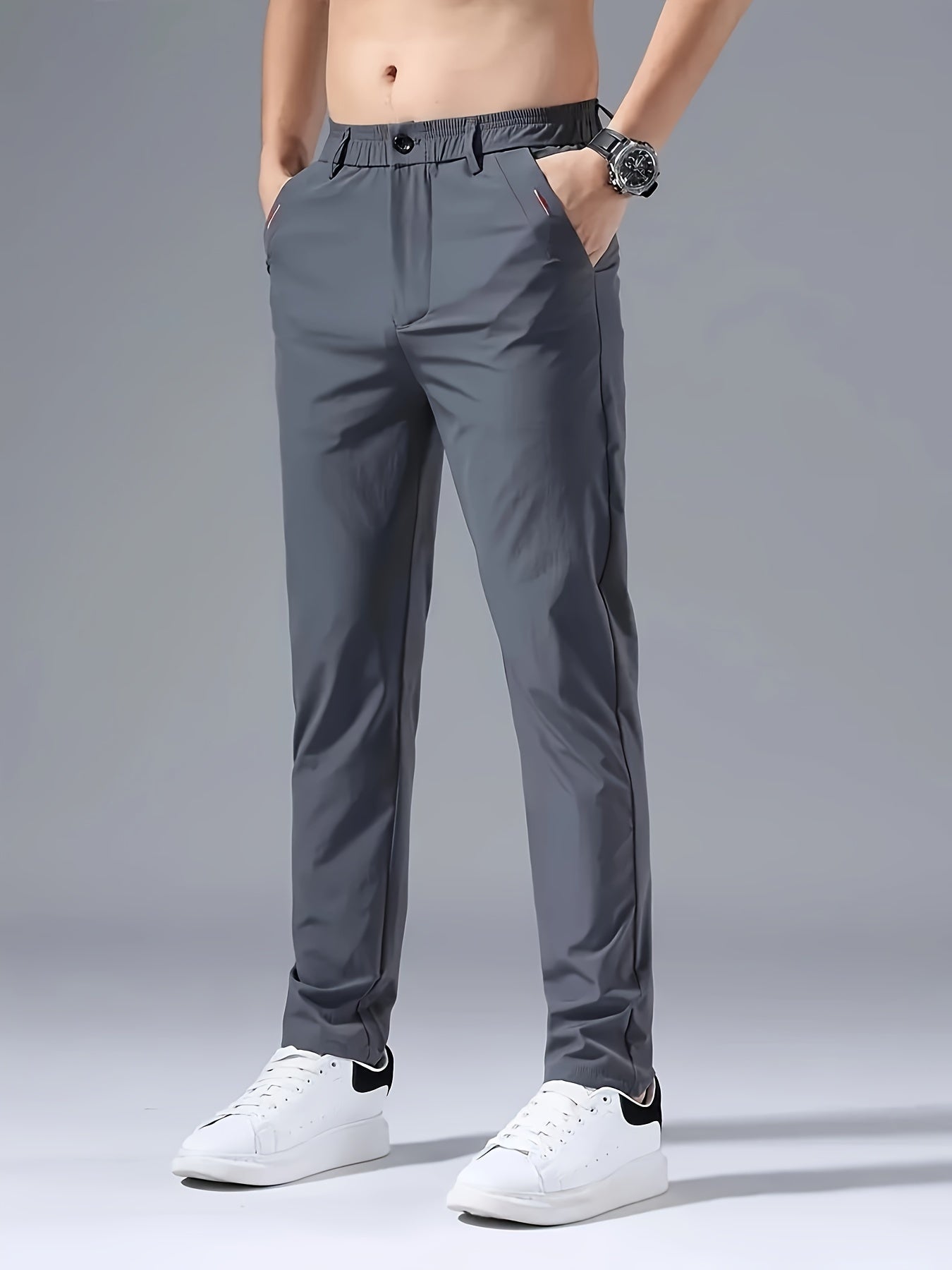 Men's Slim Fit Casual Pants Nylon Fabric Zipper Waist Pockets Embroidered Summer
