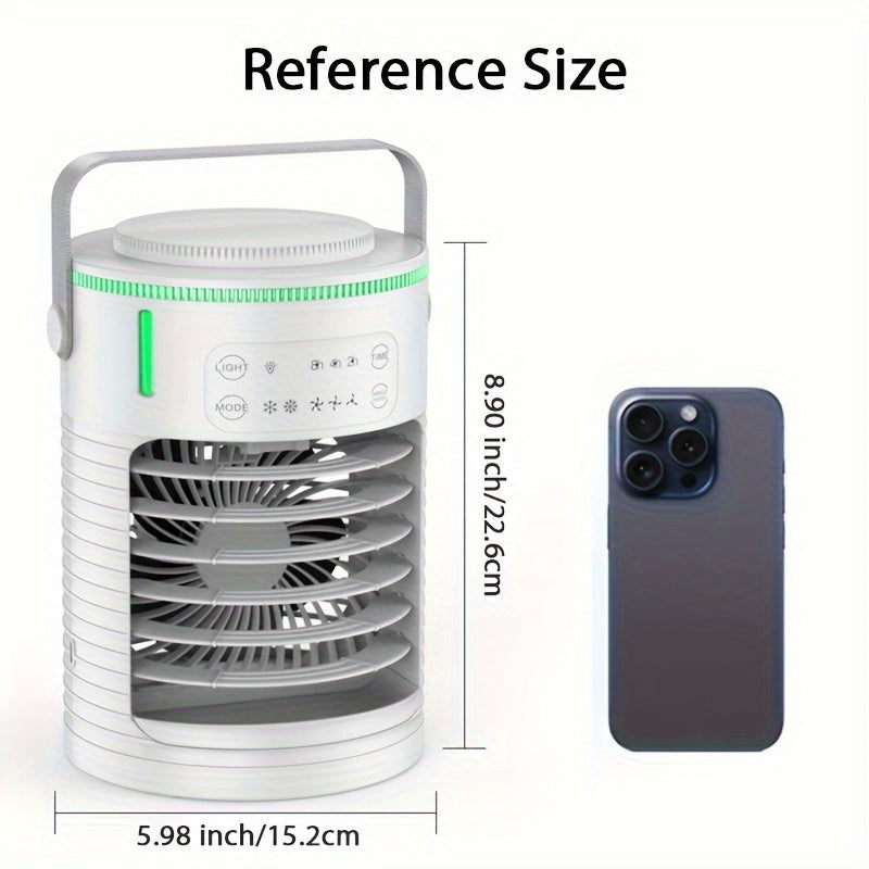 Rangli chiroqlar bilan portativ mist ventilyatori, 3 tezlik, USB quvvati, sensorli boshqaruv
