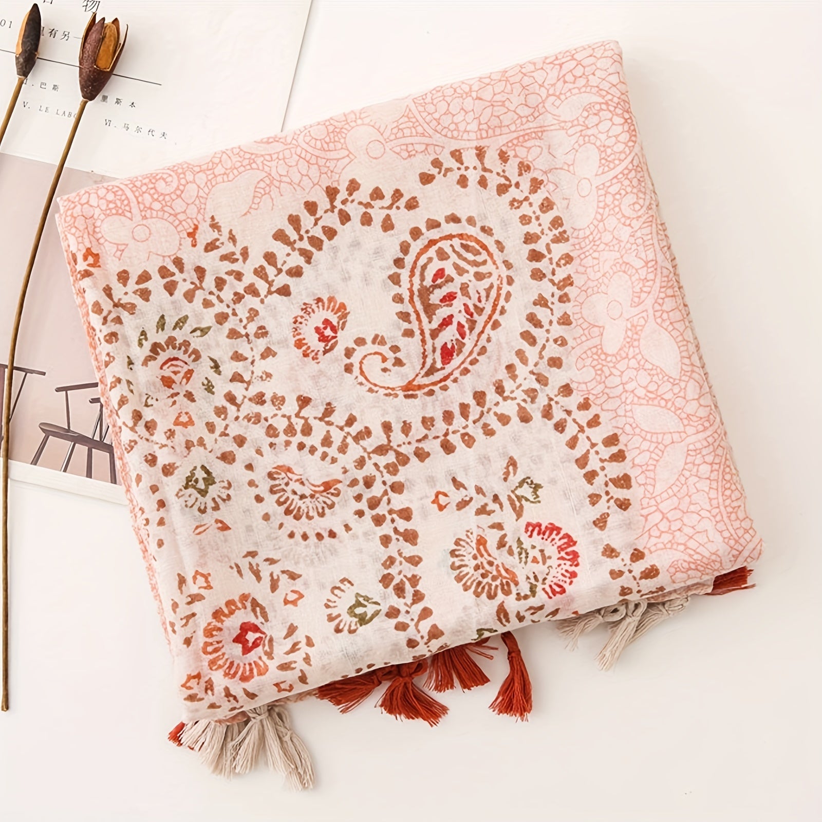 Women’s Boho Linen Tassel Shawl Pink Printed Lightweight Scarf Windproof Sun Protection