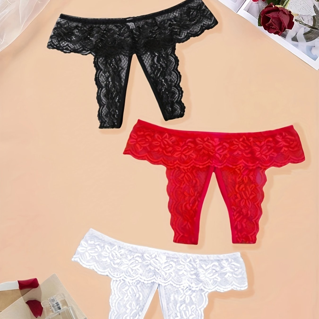 Plus Size Women's Floral Lace Crotchless Sheer Panty Sexy Lingerie