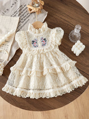 Baby Girl Dress Floral Embroidered Lace Tiered Fall Cotton for Infants