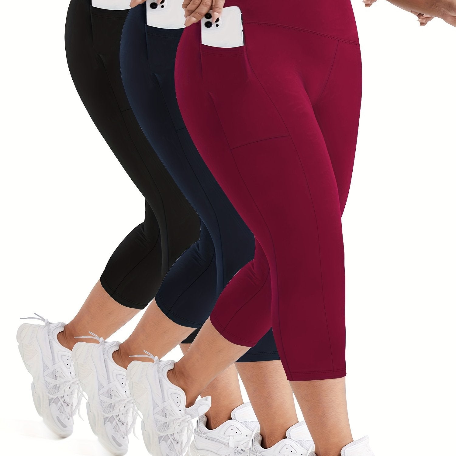 Women's Plus Size High-Waisted Yoga Pants with Pockets Solid Color 3-Pack