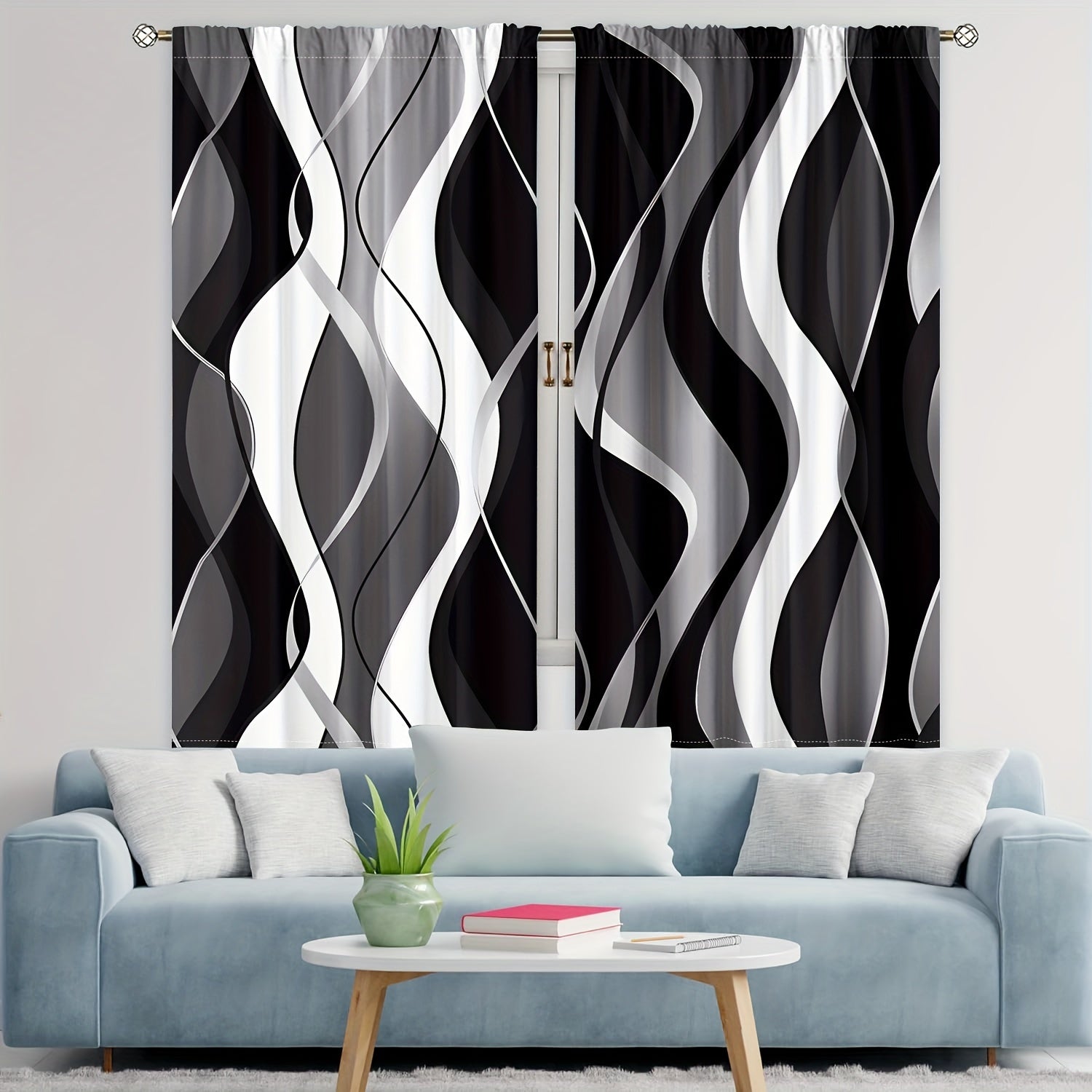 Modern Abstract Geometric Curtain Set Black White 2 Pieces Privacy Drapes
