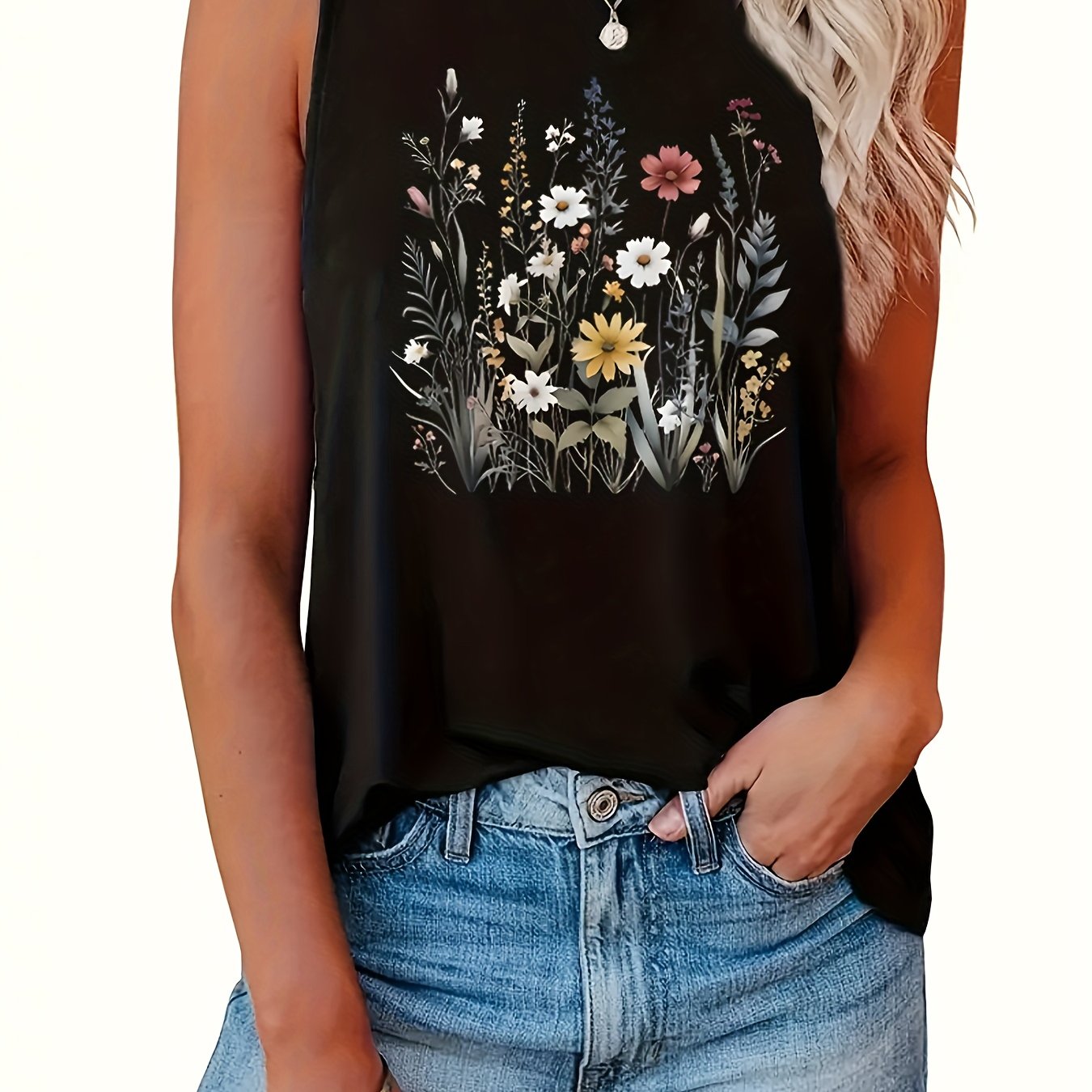 Plus Size Floral Print Tank Top Casual Sleeveless Crew Neck Summer Spring Women's Clothing