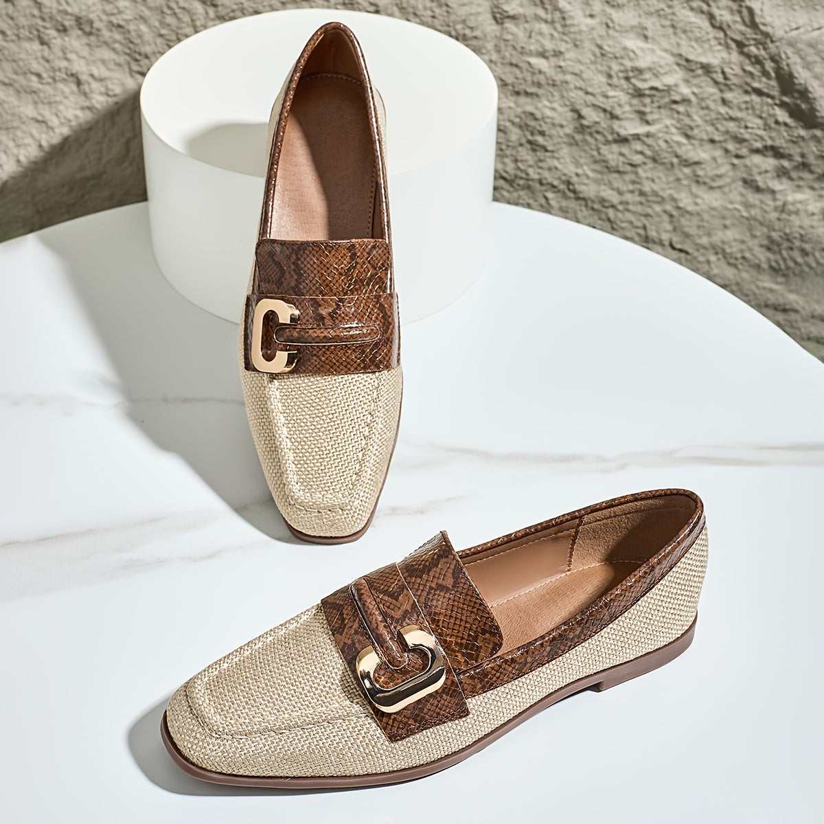 Women's Brown Snakeskin Slip-On Loafers with Gold "C" Buckle Lightweight Casual Shoes