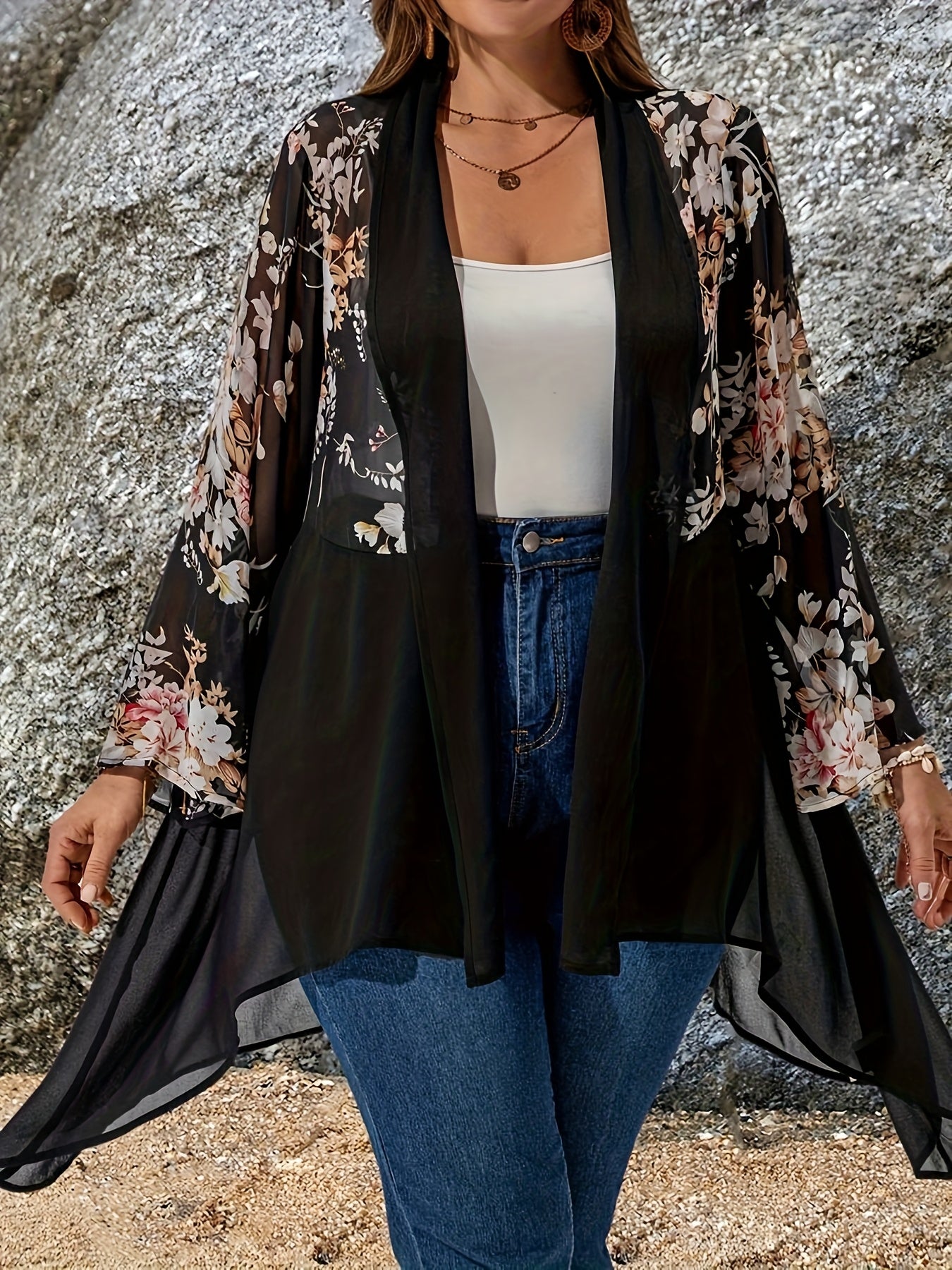 Women's Plus Size Boho Floral Print Cardigan Lightweight Rose-Style Open Front