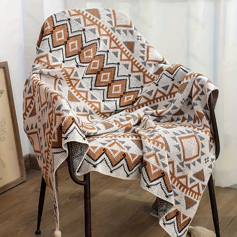 Bohemian Geometric Pattern Blanket with Tassels for Couch or Bed