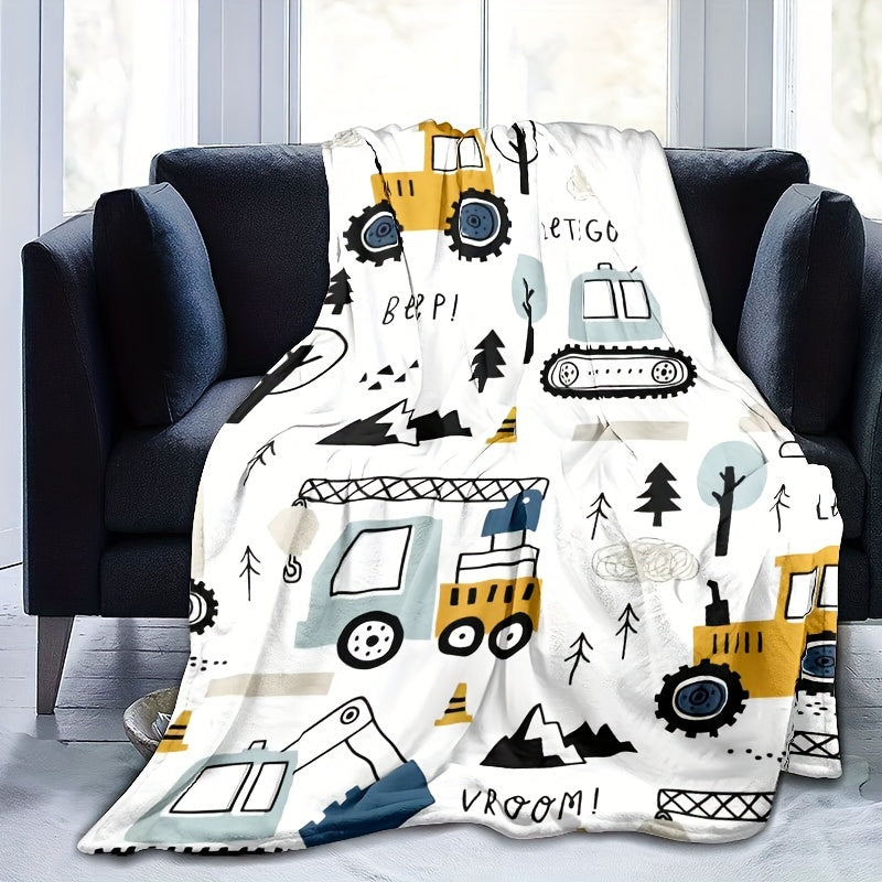 Cartoon Excavator Flannel Fleece Blanket for Sofa Nap Camping Travel All-Season