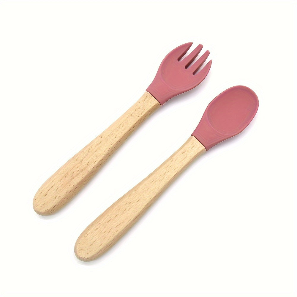 Juego de 2 conjuntos de alimentación para niños con cucharas de silicona y mangos de madera en colores mezclados