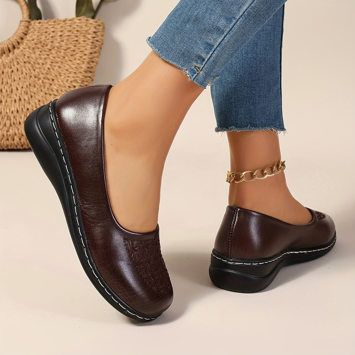 Women's Leather Slip-On Loafers with Embroidered Design and Cushioned Insole